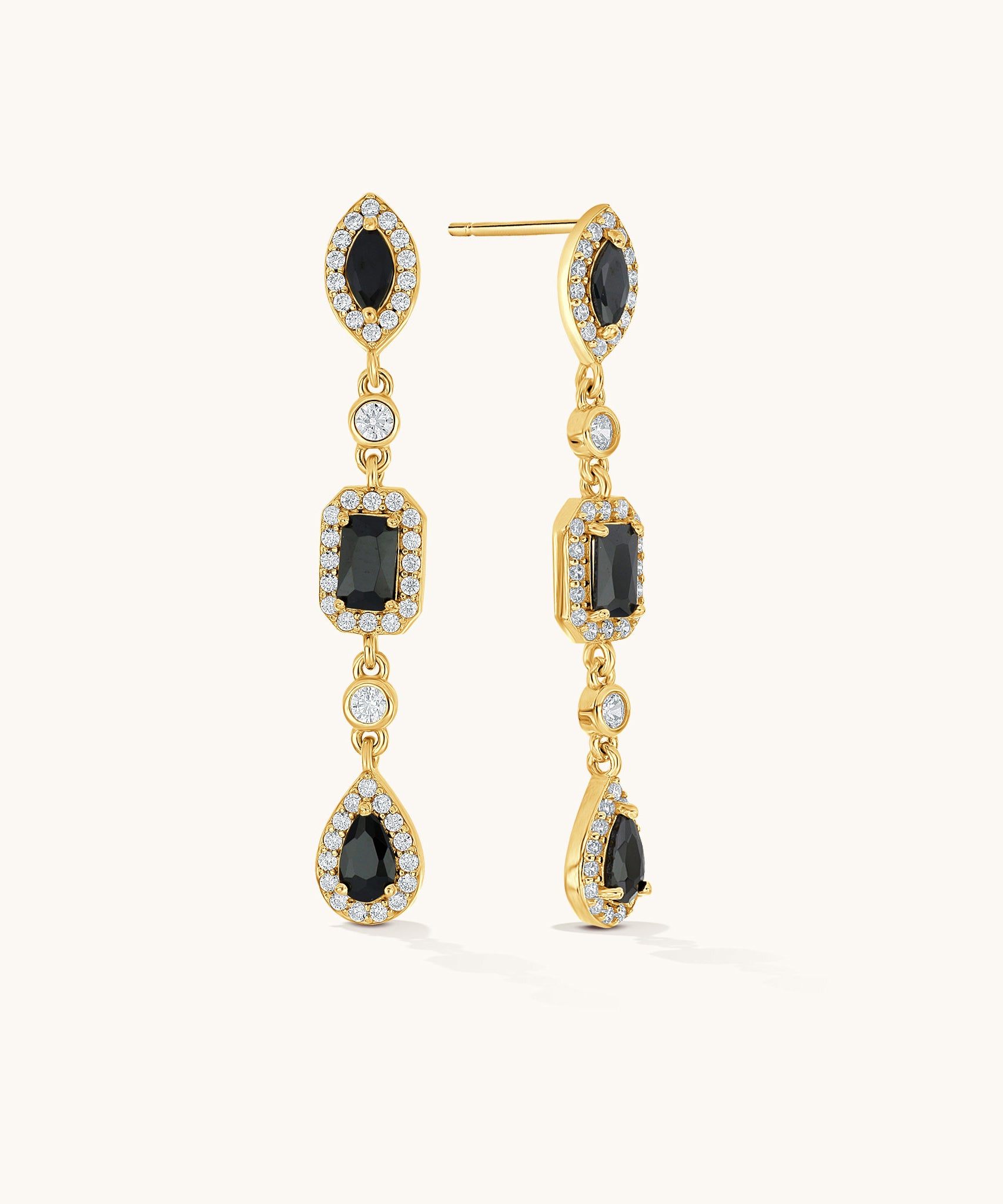 Aniq Linear Drop Earrings with Black Stones | 18k Gold Vermeil & 925 Sterling Silver | Hypoallergenic